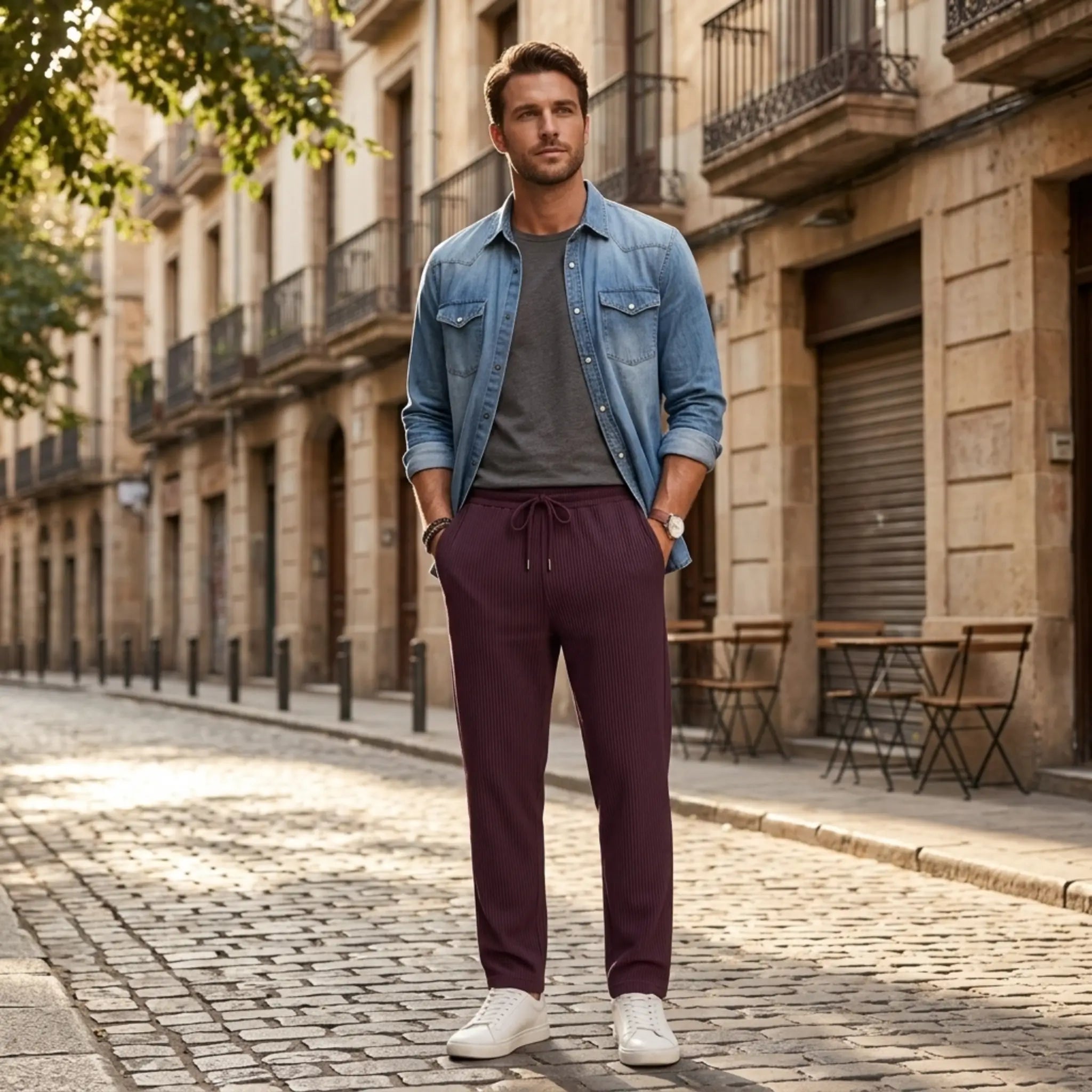 Man wearing MannerCo light gray jacquard ribbed drawstring trousers, back view on plain background