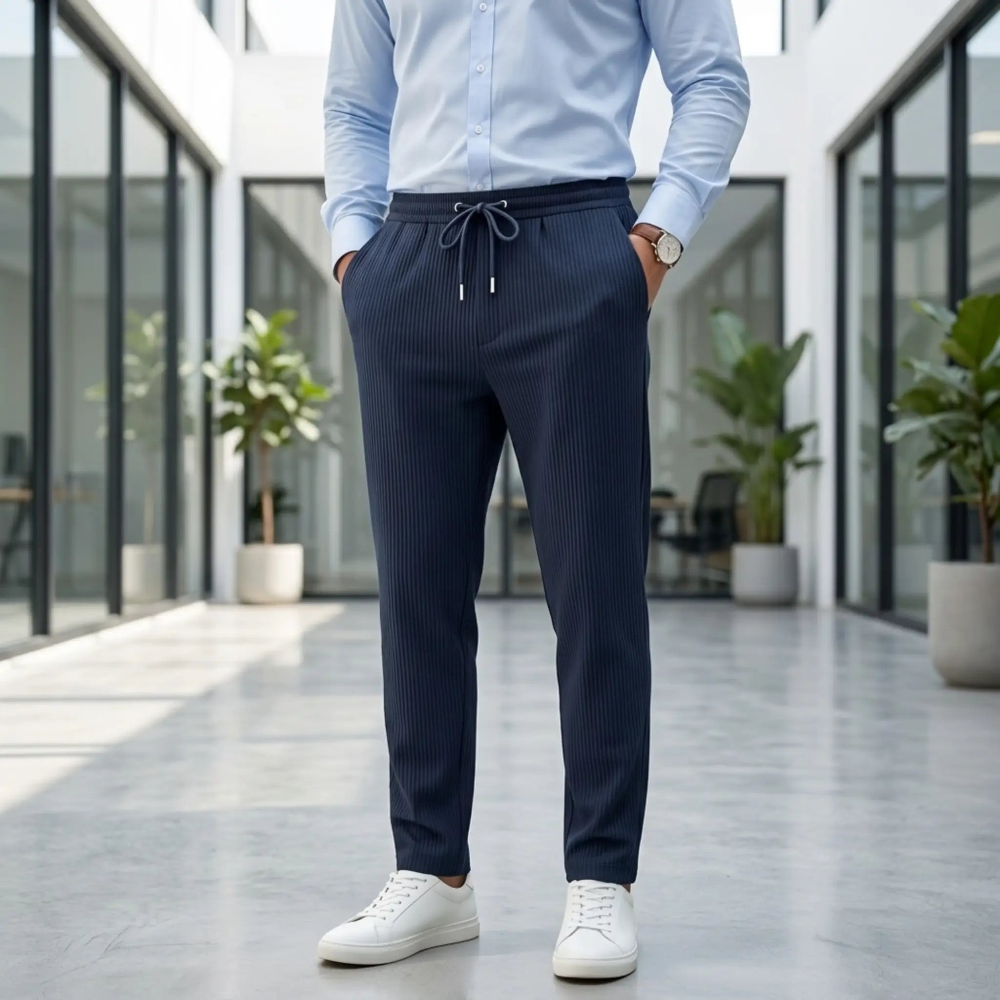 Man wearing MannerCo navy jacquard ribbed straight leg drawstring trousers, front view on plain background