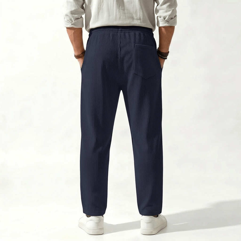 MannerCo navy jacquard ribbed drawstring trousers flat lay product display