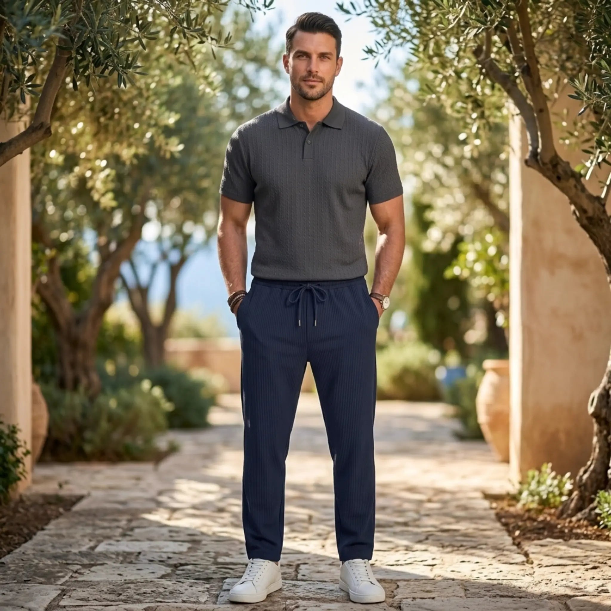 Man wearing MannerCo navy jacquard ribbed drawstring trousers, side view on plain background
