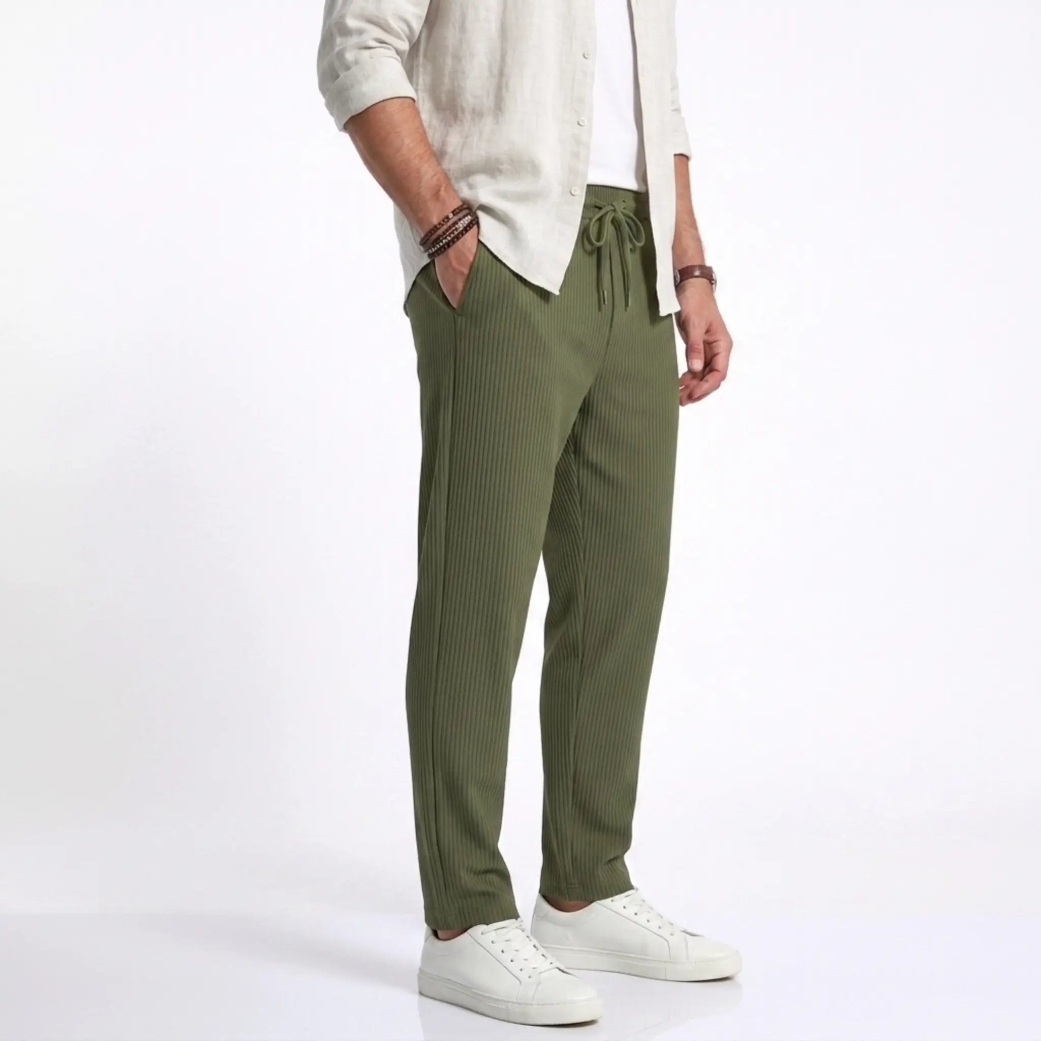 MannerCo white jacquard ribbed drawstring trousers flat lay product display