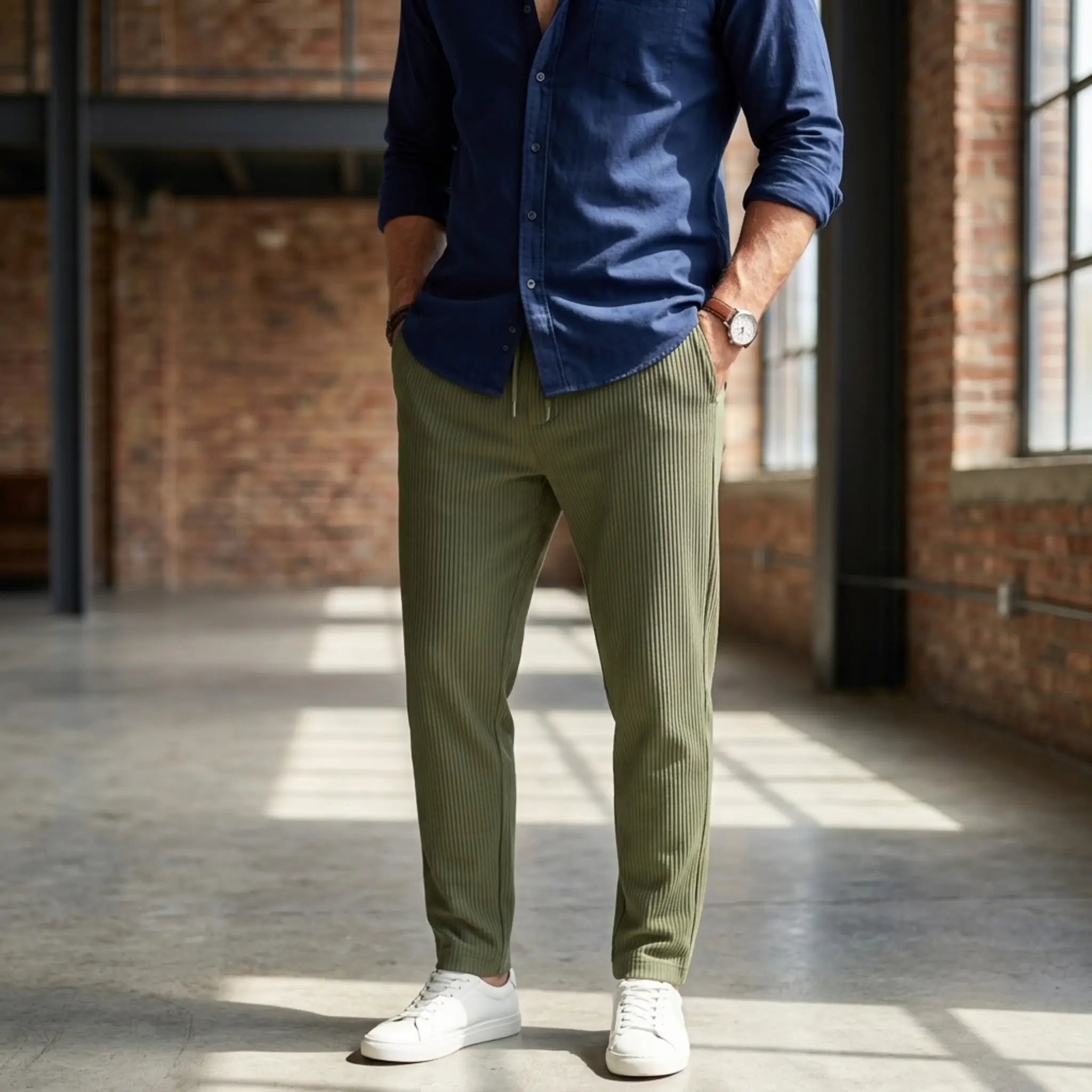 Man wearing MannerCo wine red jacquard ribbed straight leg drawstring trousers, front view on plain background