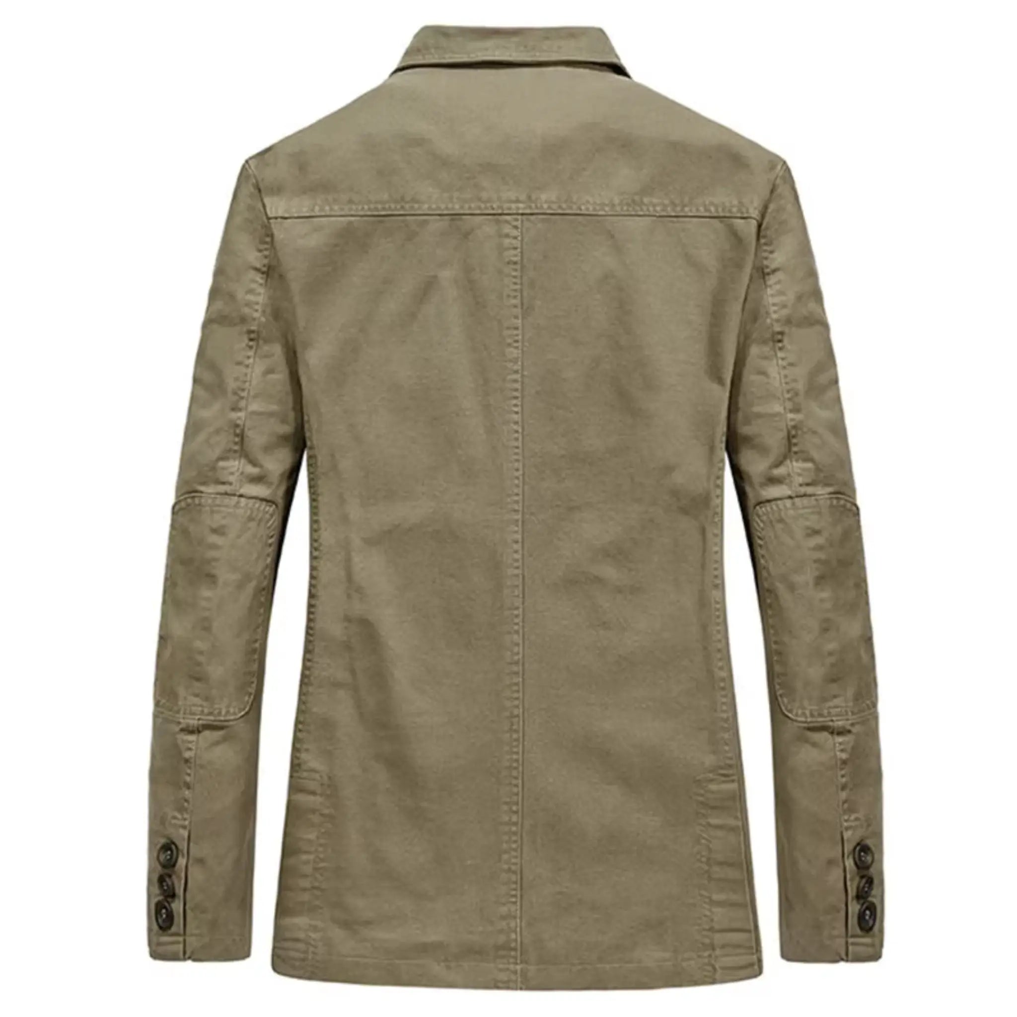 MannerCo khaki washed cotton casual blazer jacket back view with button cuffs product display