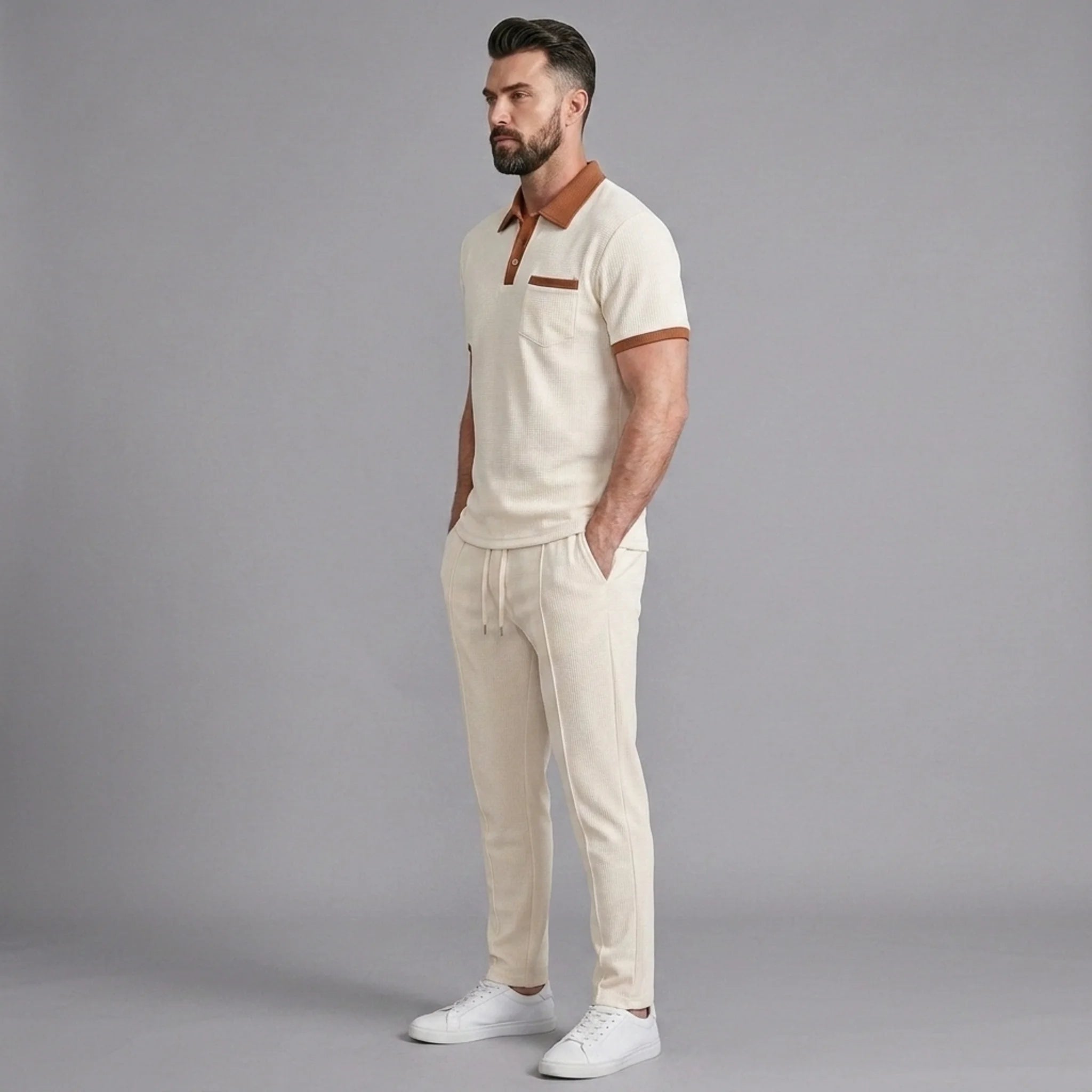 Back view of man wearing khaki color block waffle polo shirt and straight leg pants