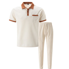 Color Block Waffle Polo & Straight Leg Pants – 2 Piece Smart Casual Outfit