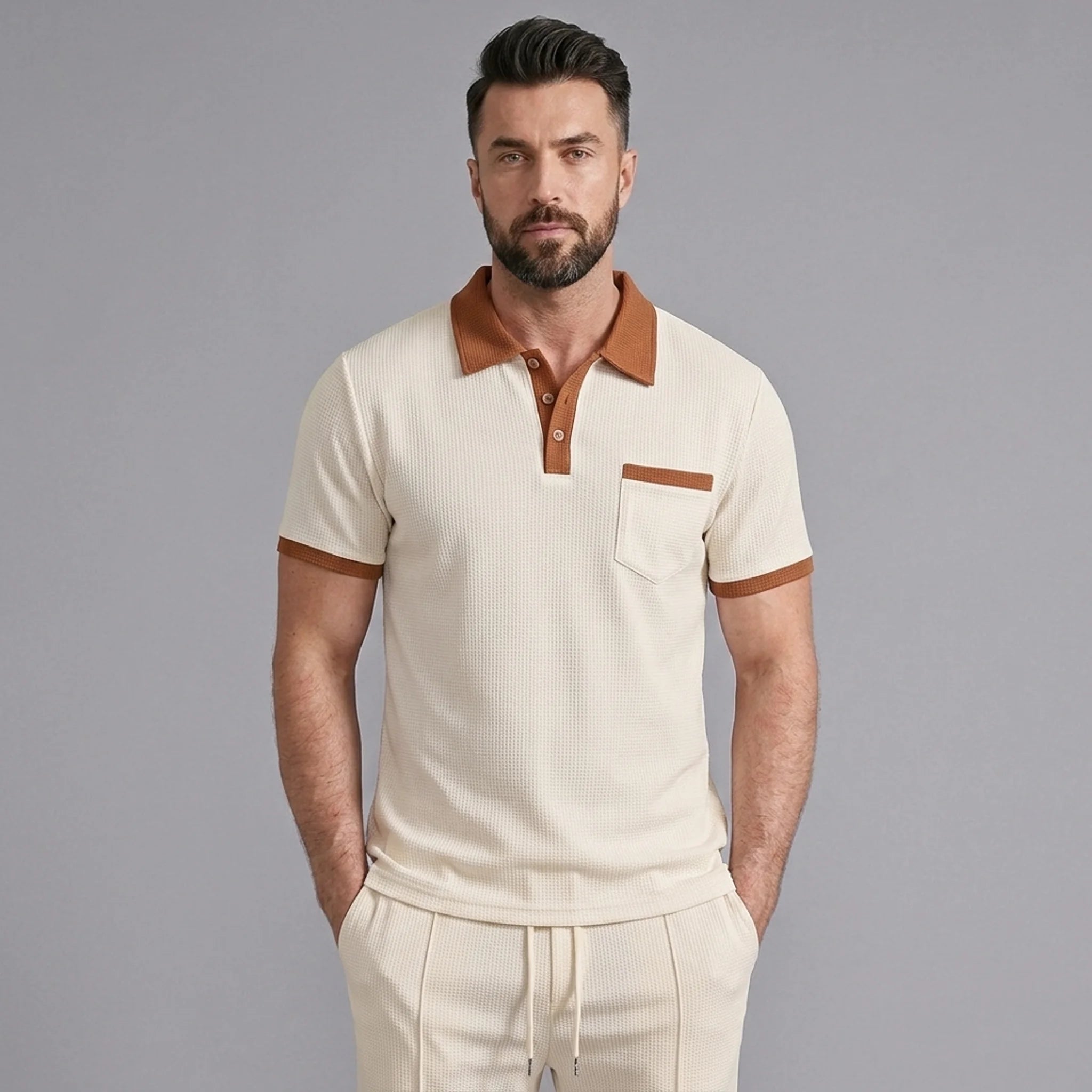 Man wearing a khaki color block waffle polo shirt and straight leg pants front view on plain background