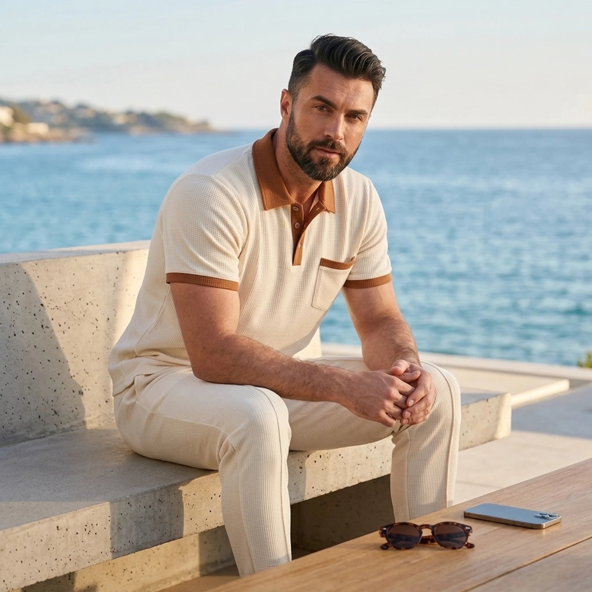 Man wearing khaki color block waffle polo and straight leg pants in outdoor lifestyle setting