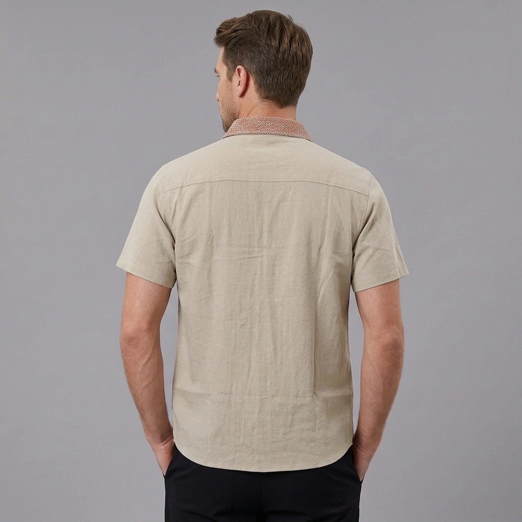 MannerCo khaki linen blend short sleeve shirt with contrast collar, back view on male model