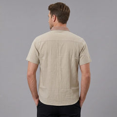 MannerCo khaki linen blend short sleeve shirt with contrast collar, back view on male model