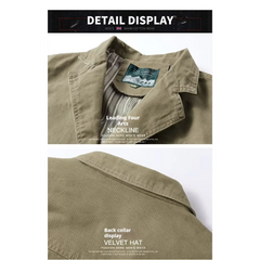 MannerCo khaki cotton jacket detail showing spread collar striped lining and back yoke stitching