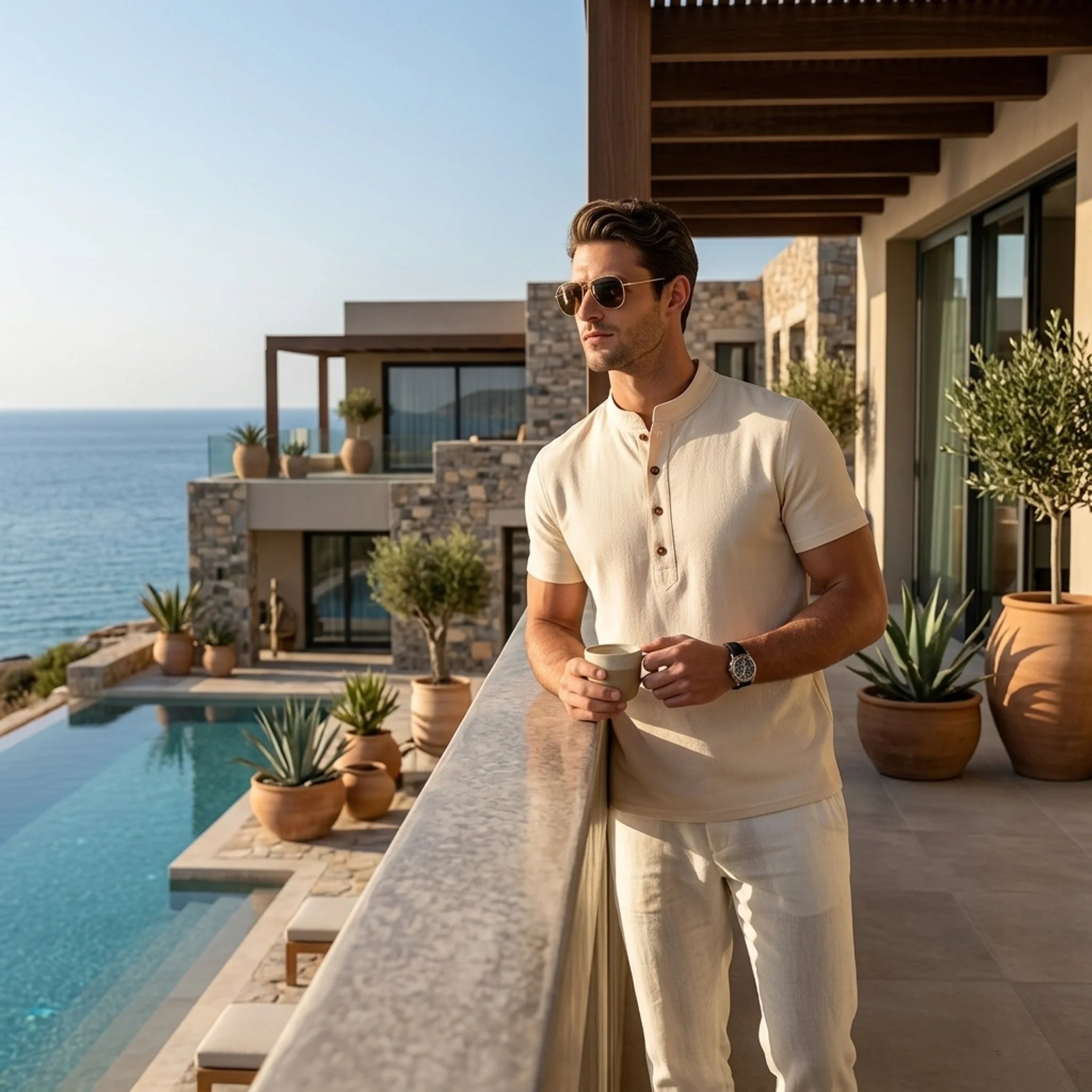 Man wearing khaki linen jacquard polo shirt in outdoor lifestyle setting