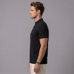 Man in khaki linen jacquard polo shirt in sunny outdoor scene