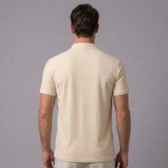 Back view of man wearing khaki linen jacquard short sleeve polo shirt