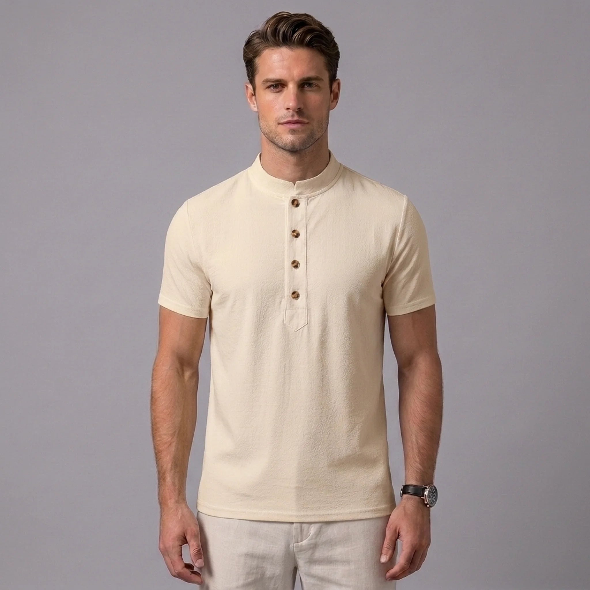 Man wearing a khaki linen jacquard short sleeve polo shirt front view on plain background