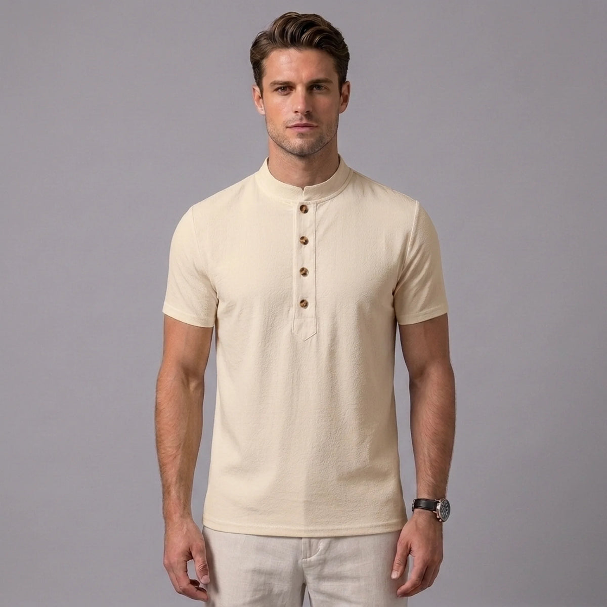 Man wearing a khaki linen jacquard short sleeve polo shirt front view on plain background