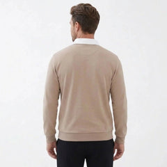 MannerCo khaki polo collar hoodie back view loose fit with ribbed hem and cuffs