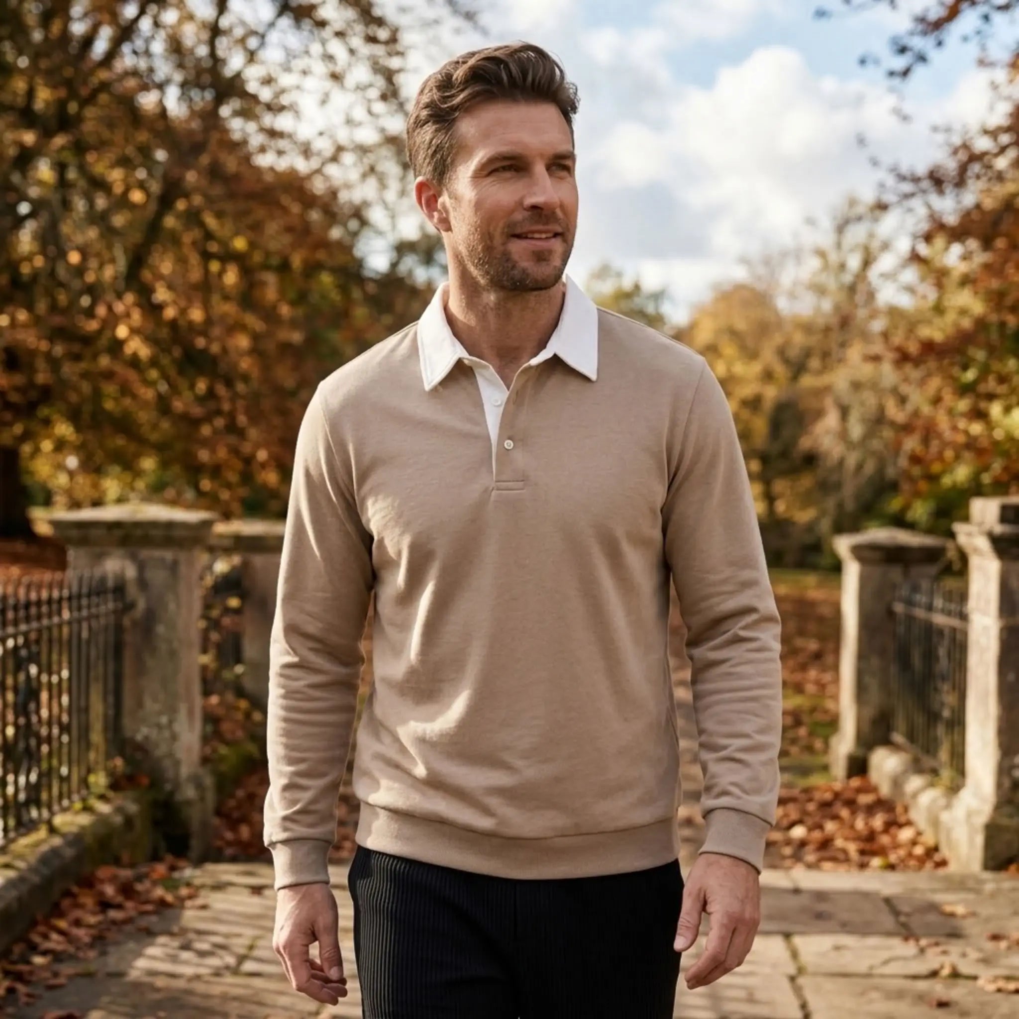 MannerCo khaki polo collar hoodie with white collar worn outdoors in autumn setting