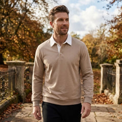 MannerCo khaki polo collar hoodie with white collar worn outdoors in autumn setting