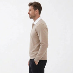 MannerCo khaki polo collar hoodie side view with button closure and white collar layering