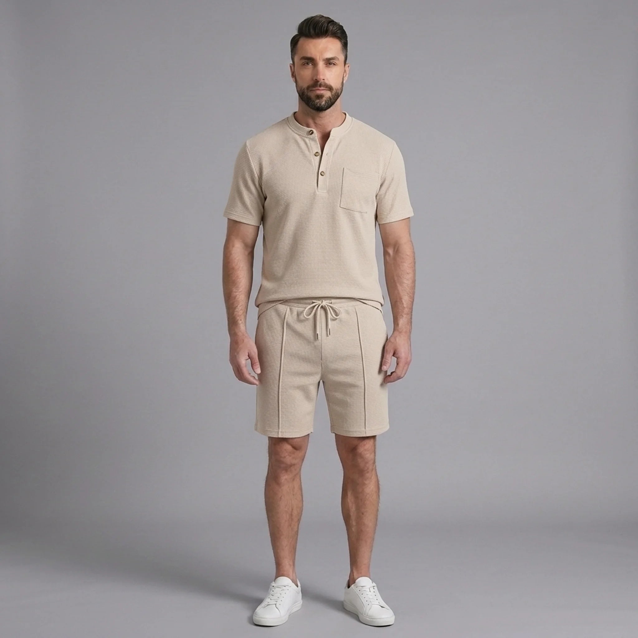 Back view of man wearing khaki waffle stand collar shirt and drawstring shorts