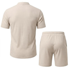 Waffle Stand Collar Shirt & Drawstring Shorts Set – Summer Outfit