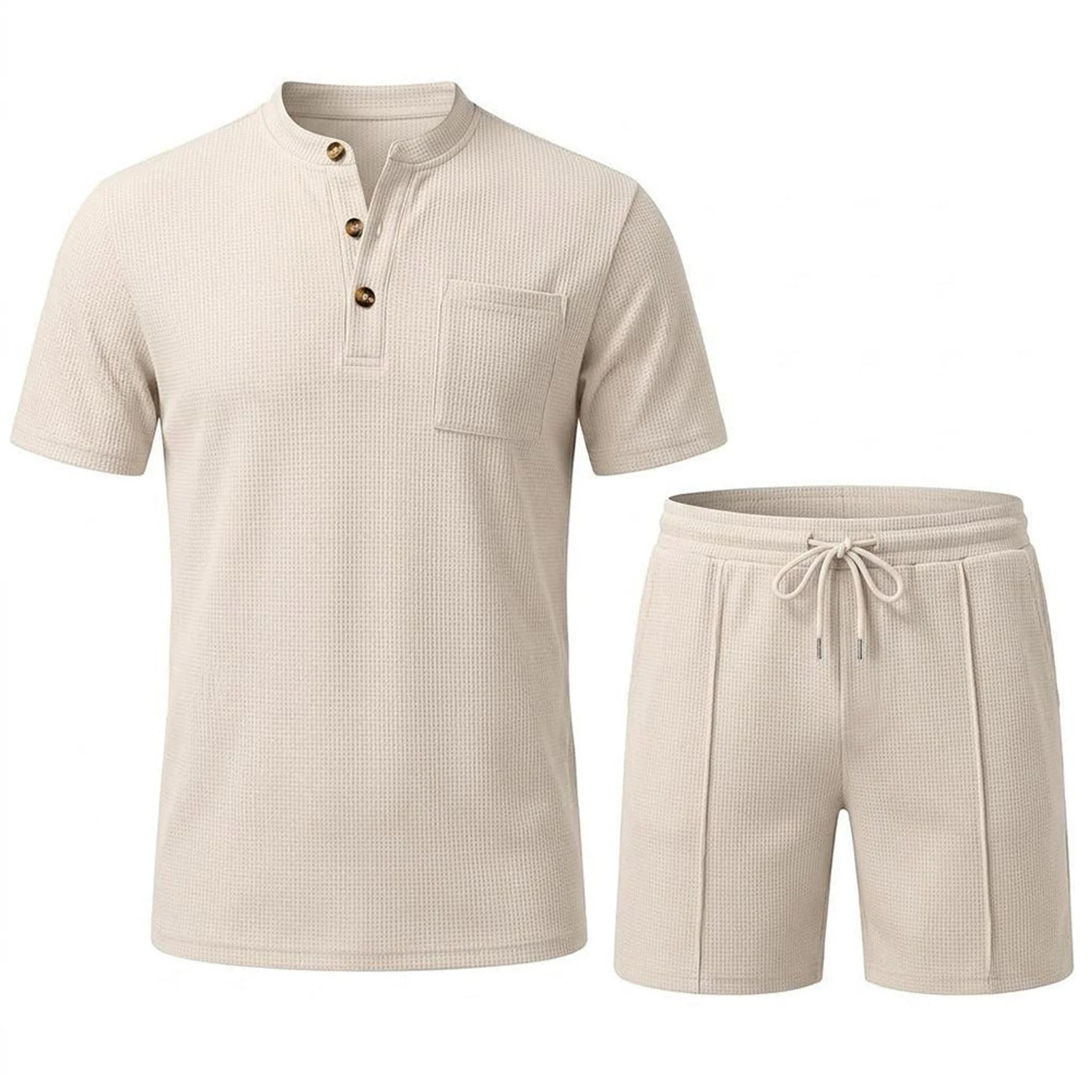 Man wearing khaki waffle stand collar shirt and drawstring shorts in outdoor lifestyle setting