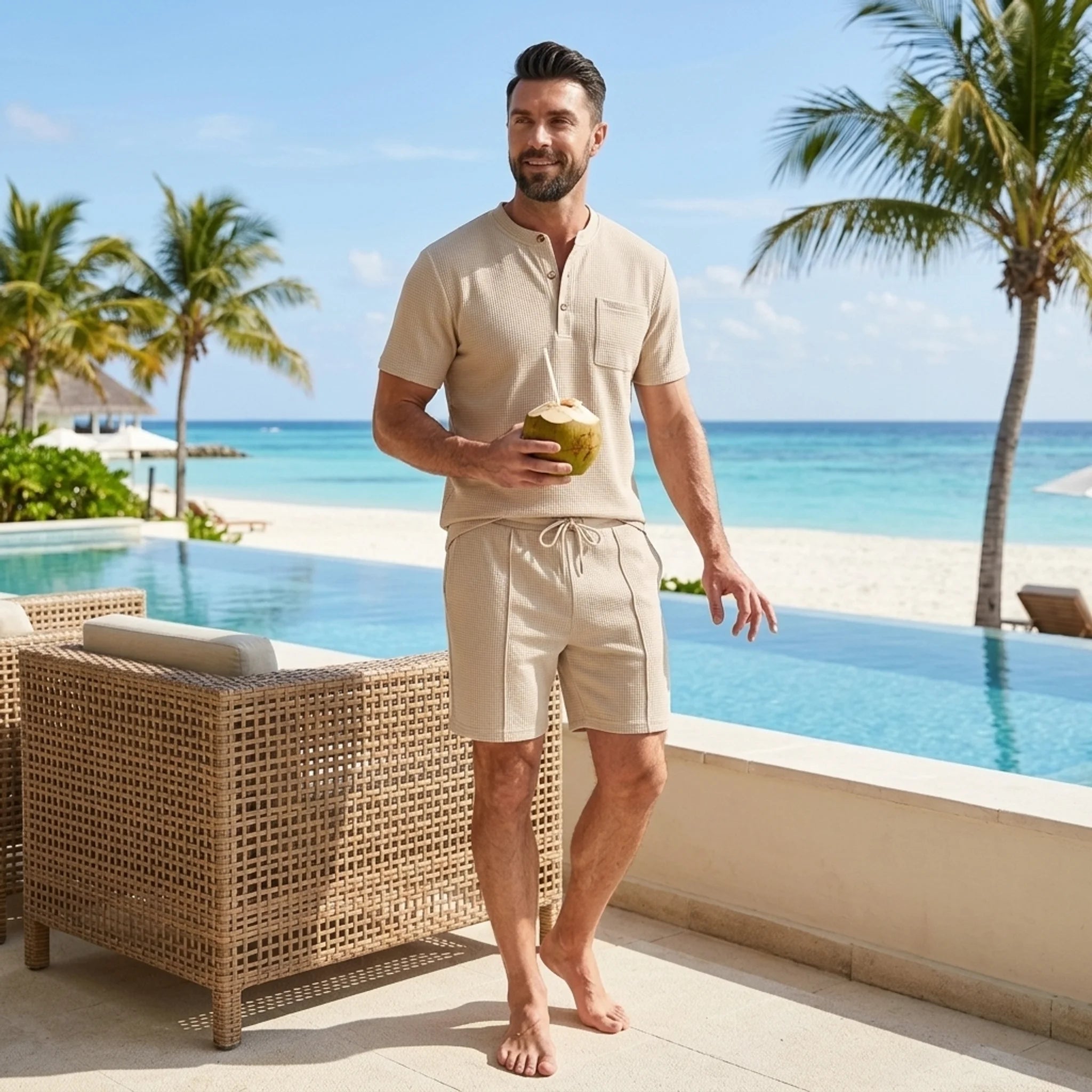 Man in khaki waffle stand collar shirt and drawstring shorts in sunny outdoor summer scene