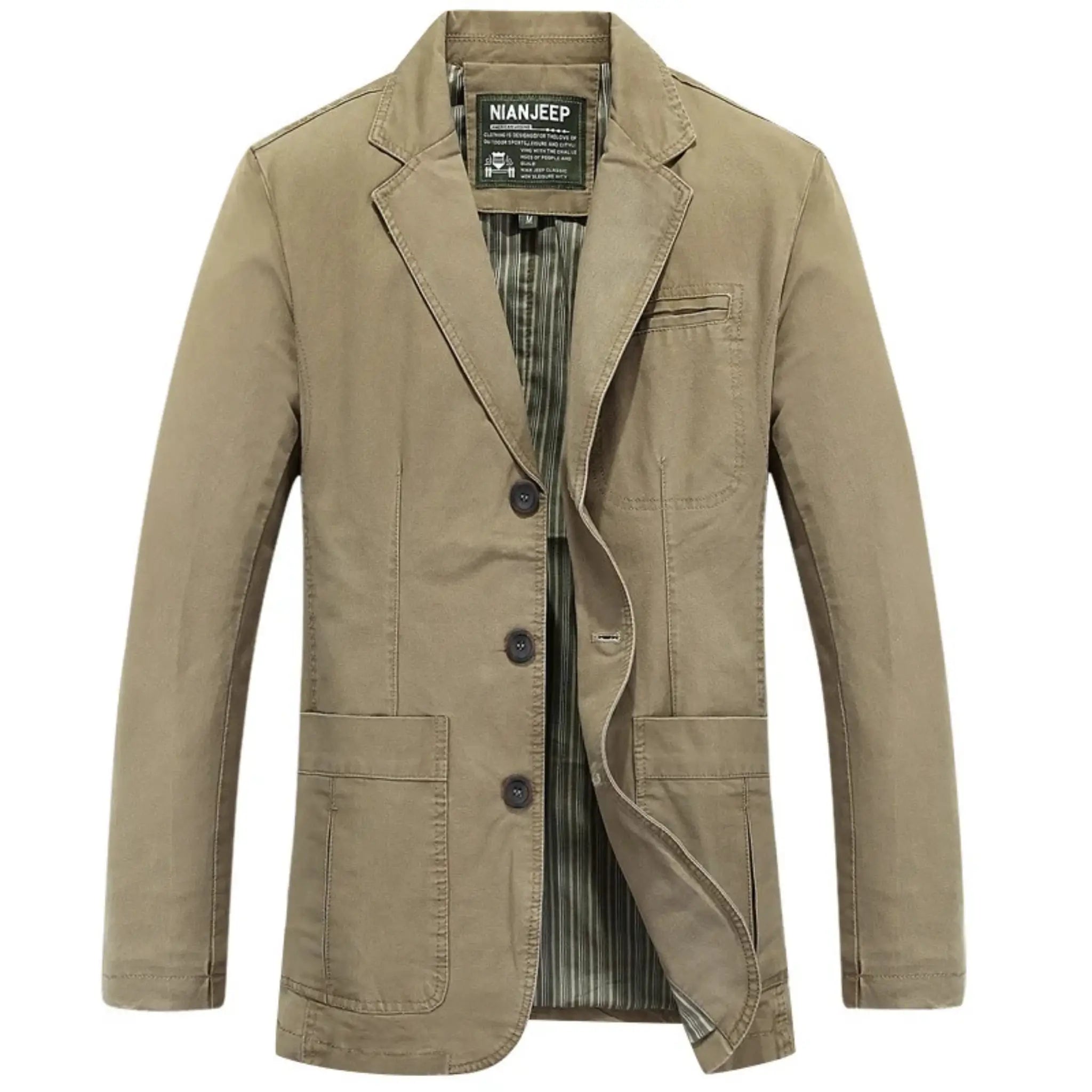 MannerCo khaki washed cotton casual blazer jacket single-breasted 3-button open front display