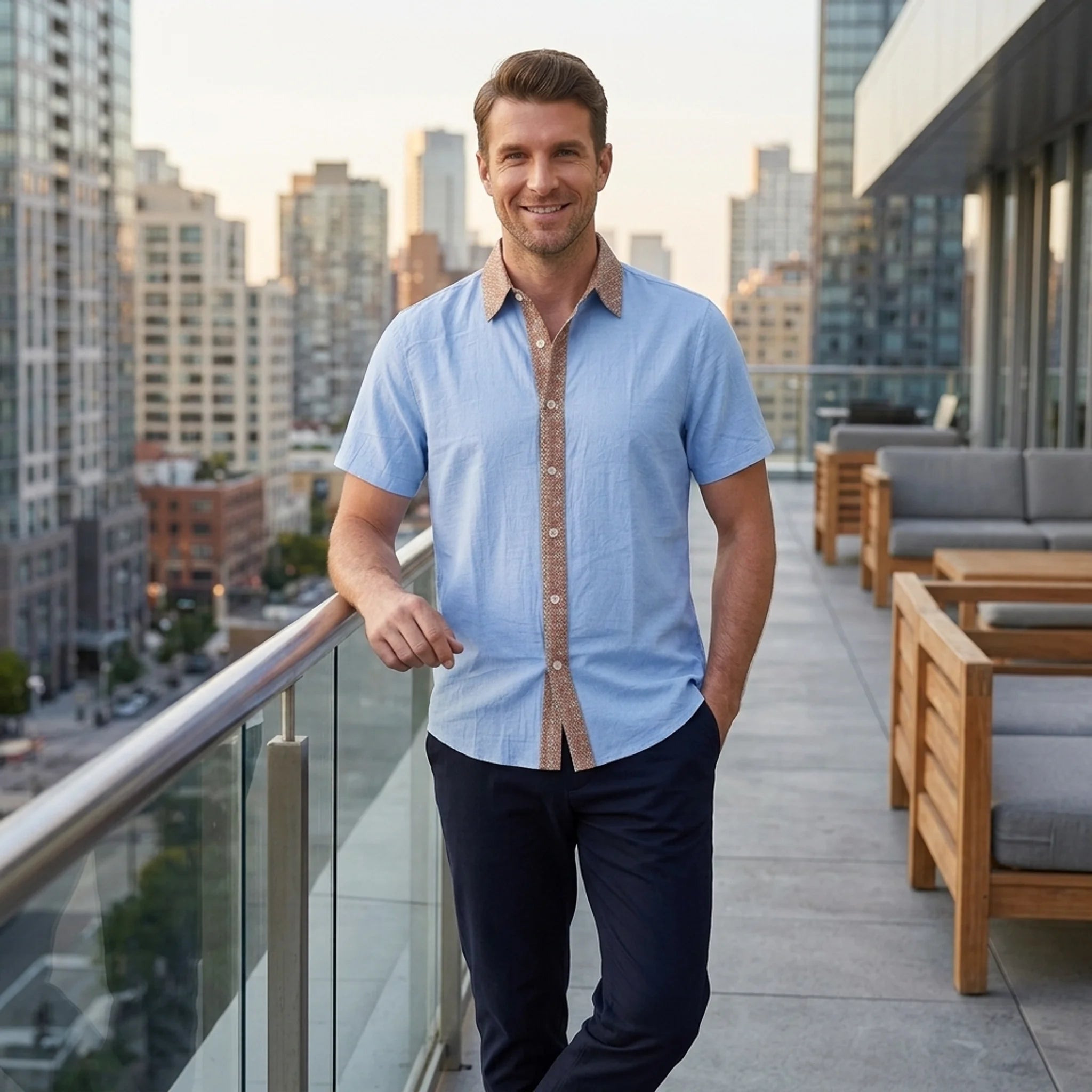 MannerCo light blue contrast collar linen blend short sleeve shirt worn on urban rooftop terrace