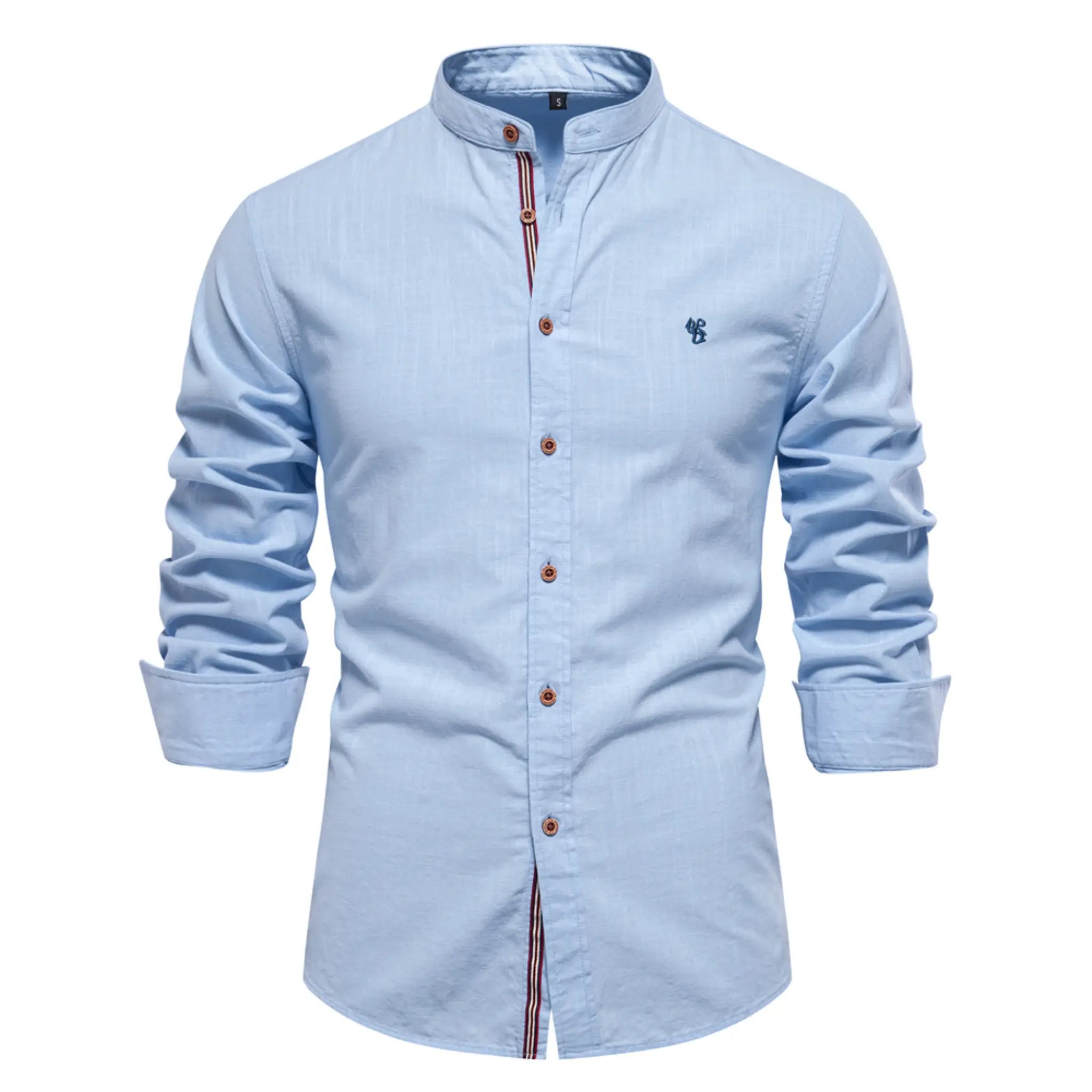 MannerCo light blue linen stand collar long sleeve shirt with brown buttons and stripe placket
