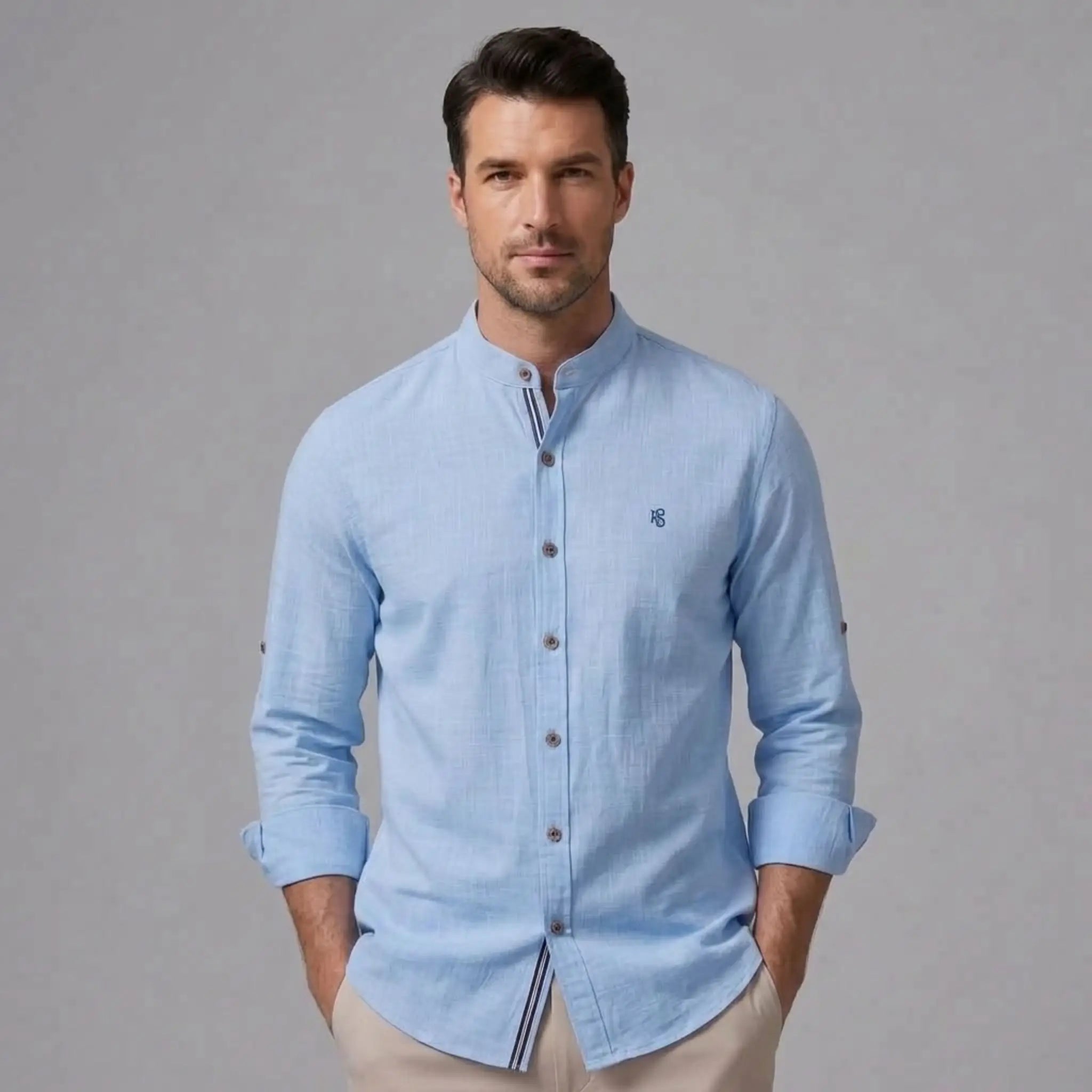 MannerCo light blue linen stand collar shirt slim fit trousers 2-piece set front view