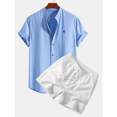Linen Look Stand Collar Shirt & Crinkle Textured Drawstring Shorts - 2 Piece Summer Outfit