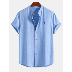 Linen Look Stand Collar Shirt & Crinkle Textured Drawstring Shorts - 2 Piece Summer Outfit