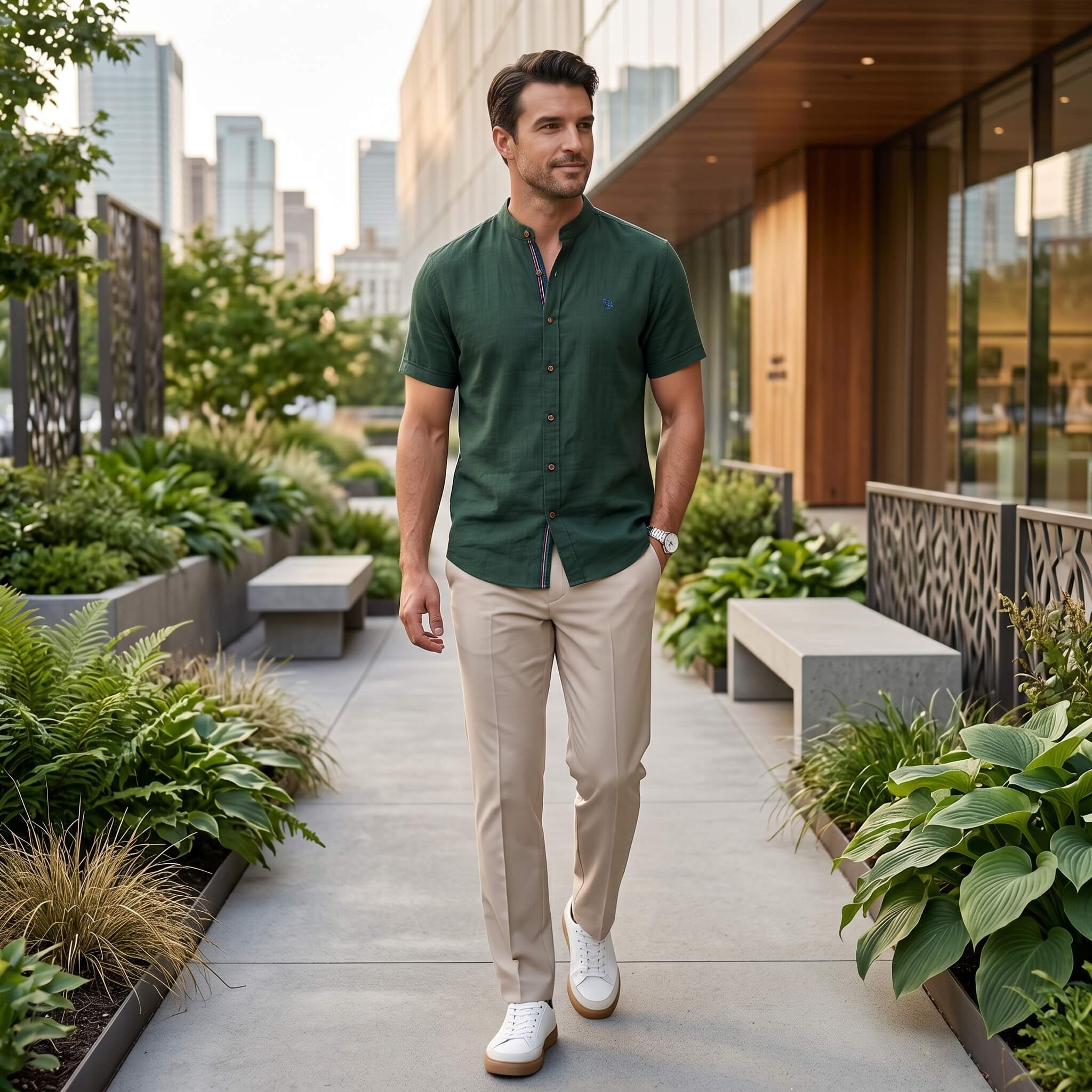 Man wearing light blue linen look stand collar shirt and slim tapered trousers in outdoor lifestyle setting