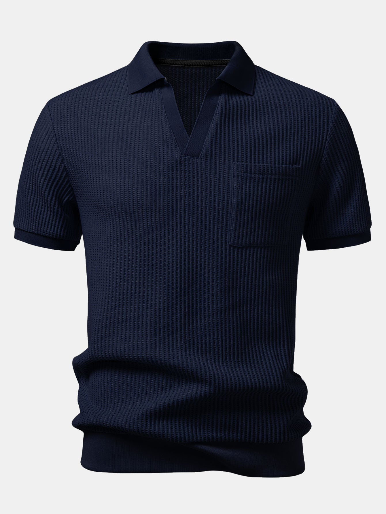 Man wearing light blue waffle johnny collar polo and slim fit tapered pants outdoor lifestyle scene