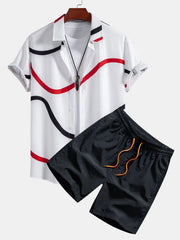 Line Print Button Up Shirt & Swim Shorts Set - Summer 2 Piece Outfit