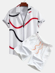 Line Print Button Up Shirt & Swim Shorts Set - Summer 2 Piece Outfit