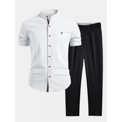 Linen Look Stand Collar Shirt & Slim Fit Tapered Trousers - 2 Piece Summer Outfit