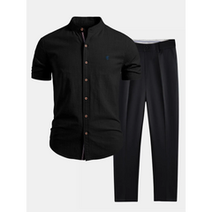 Linen Look Stand Collar Shirt & Slim Fit Tapered Trousers - 2 Piece Summer Outfit