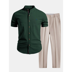 Linen Look Stand Collar Shirt & Slim Fit Tapered Trousers - 2 Piece Summer Outfit