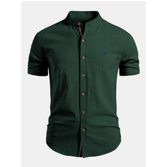 Linen Look Stand Collar Shirt & Slim Fit Tapered Trousers - 2 Piece Summer Outfit