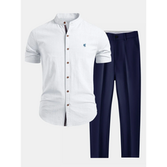 Linen Look Stand Collar Shirt & Slim Fit Tapered Trousers - 2 Piece Summer Outfit