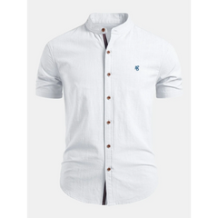 Linen Look Stand Collar Shirt & Slim Fit Tapered Trousers - 2 Piece Summer Outfit