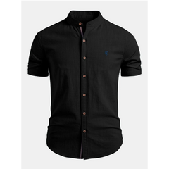 Linen Look Stand Collar Shirt & Slim Fit Tapered Trousers - 2 Piece Summer Outfit