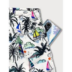 Linen Rayon Button Up Shirt & Palm Tree Print Swim Shorts - 2 Piece Summer Outfit