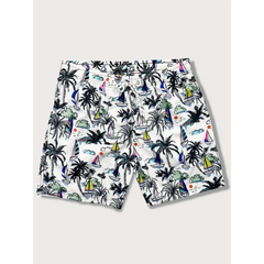 Linen Rayon Button Up Shirt & Palm Tree Print Swim Shorts - 2 Piece Summer Outfit