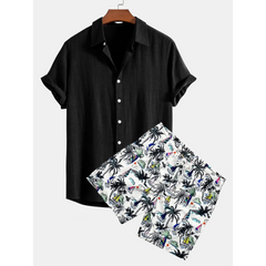 Linen Rayon Button Up Shirt & Palm Tree Print Swim Shorts - 2 Piece Summer Outfit