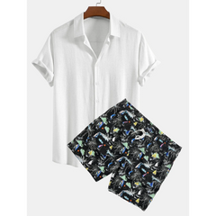 Linen Rayon Button Up Shirt & Palm Tree Print Swim Shorts - 2 Piece Summer Outfit