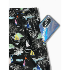 Linen Rayon Button Up Shirt & Palm Tree Print Swim Shorts - 2 Piece Summer Outfit
