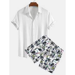 Linen Rayon Button Up Shirt & Palm Tree Print Swim Shorts - 2 Piece Summer Outfit